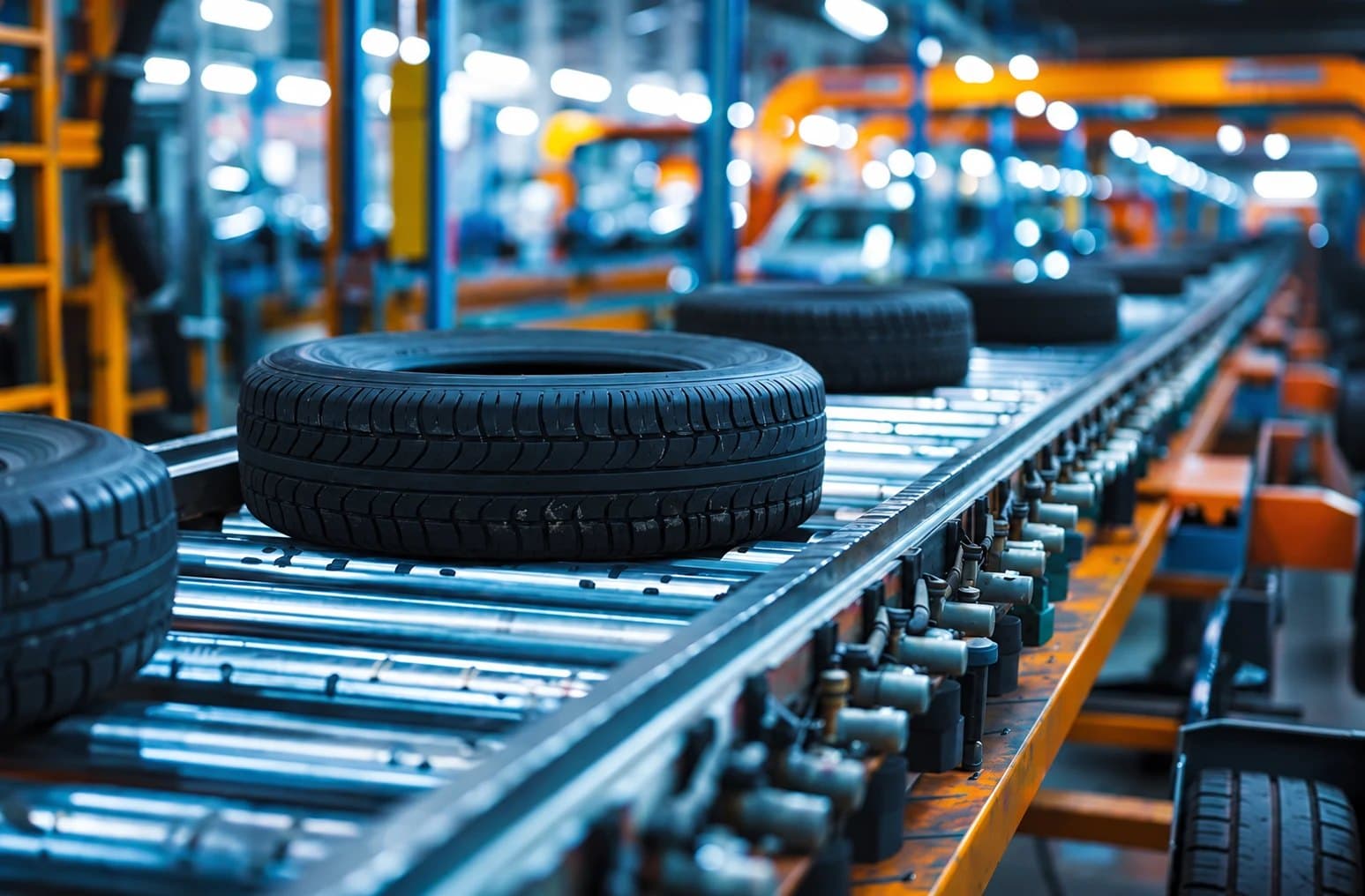 Tires moving along a conveyor in a tire plant